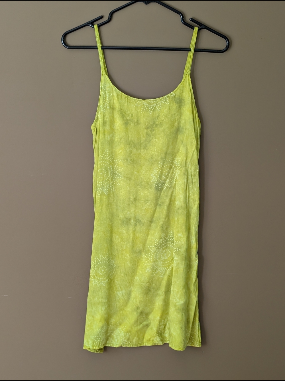 Vintage Lime Green Boho Slip Dress with Subtle Dotted Sunl Pattern